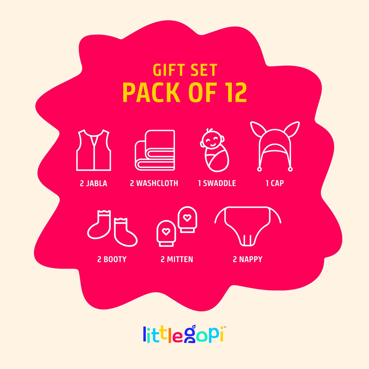 Little Gopi Newborn Baby Gift Set (12 Ps)|GOTS Certified100% Organic Cotton Muslin Essential Clothing Gift Box | Unisex Hospital Essentials Kit for Newborns | Baby Shower Gift Pack | 0-3 M
