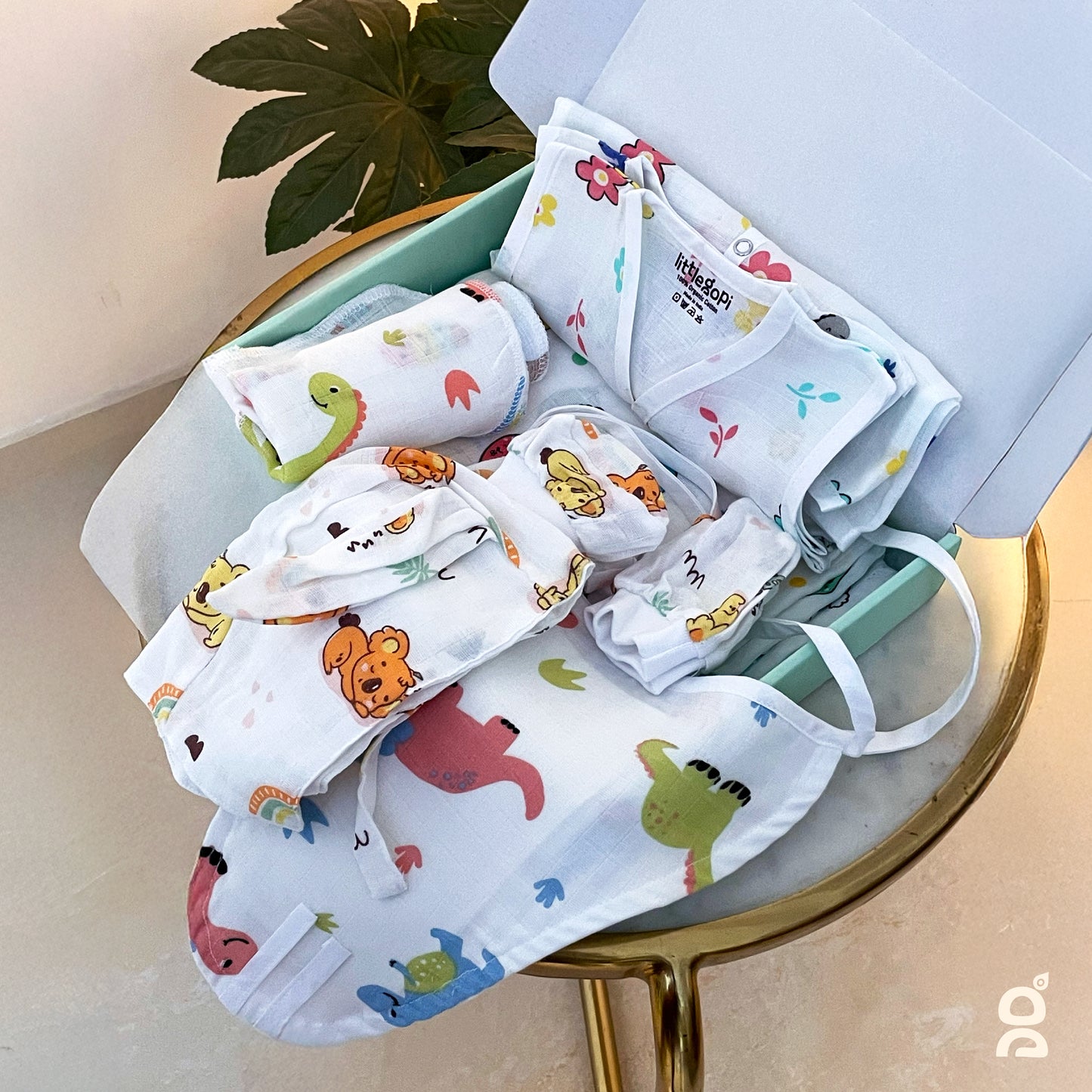 Little Gopi Newborn Baby Gift Set (12 Ps)|GOTS Certified100% Organic Cotton Muslin Essential Clothing Gift Box | Unisex Hospital Essentials Kit for Newborns | Baby Shower Gift Pack | 0-3 M