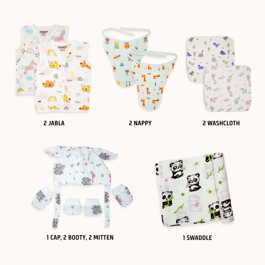 Little Gopi Newborn Baby Gift Set (12 Ps)|GOTS Certified100% Organic Cotton Muslin Essential Clothing Gift Box | Unisex Hospital Essentials Kit for Newborns | Baby Shower Gift Pack | 0-3 M