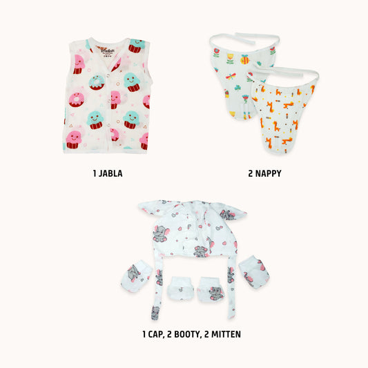 Little Gopi Newborn Baby Gift Set (8 Ps)|GOTS Certified100% Organic Cotton Muslin Essential Clothing Gift Box | Unisex Hospital Essentials Kit for Newborns | Baby Shower Gift Pack | 0-3 M