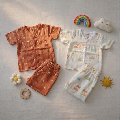Vastra Organic Coloured Half Sleeve Muslin 2 sets Pyjamas (flower and fox print)