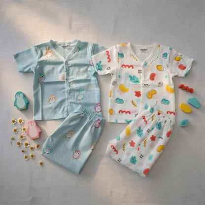 Vastra Organic Coloured Half Sleeve Muslin 2 sets Pyjamas (peanut and penguin print)
