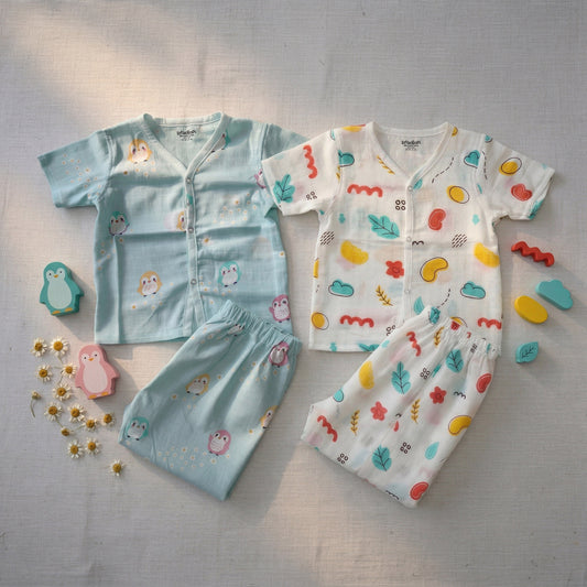 Vastra Organic Coloured Half Sleeve Muslin 2 sets Pyjamas (peanut and penguin print)