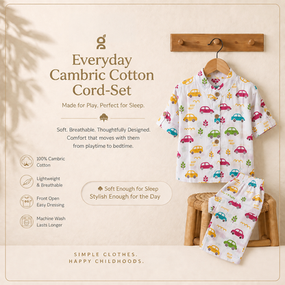 Vastra Cambric Cotton Play to Sleep Cord-Set colourful cars