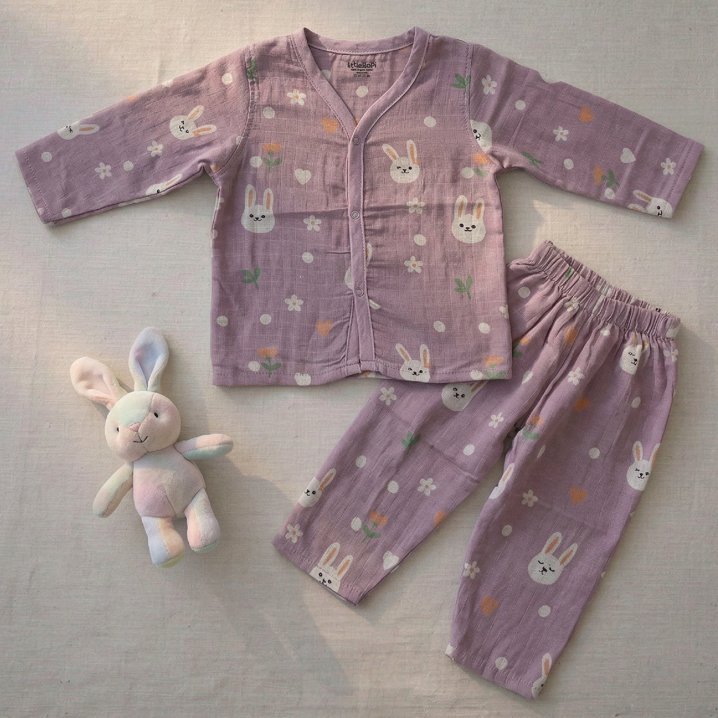 Vastra Organic Coloured Full Sleeve Muslin 2 sets Pyjamas (Blue Bird and Purple Bunny print)