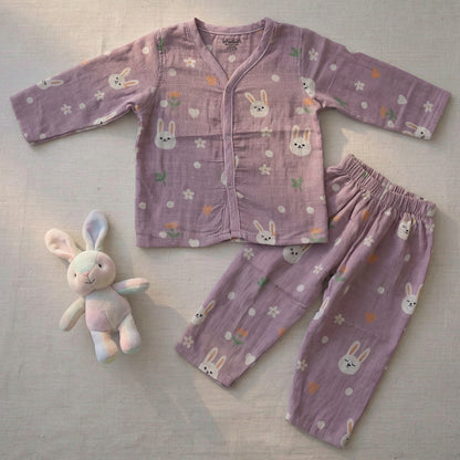 Vastra Organic Coloured Full Sleeve Muslin 2 sets Pyjamas (Blue Bird and Purple Bunny print)