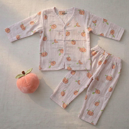 Vastra Organic Coloured Full Sleeve Muslin 2 sets Pyjamas (Peach and green Bunny print)