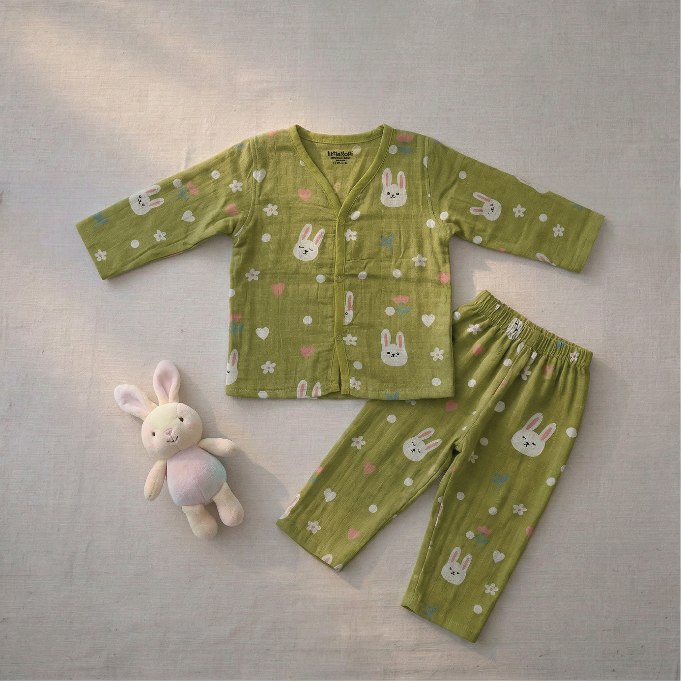 Vastra Organic Coloured Full Sleeve Muslin 2 sets Pyjamas (Peach and green Bunny print)