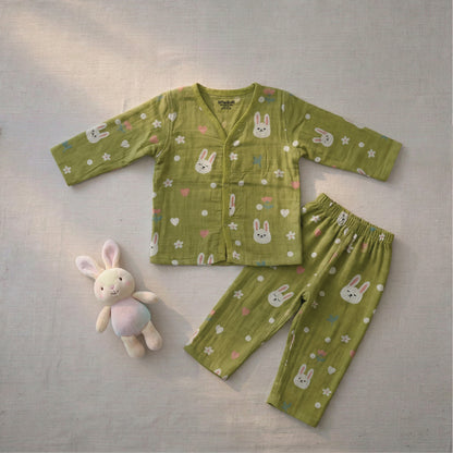 Vastra Organic Coloured Full Sleeve Muslin 2 sets Pyjamas (Peach and green Bunny print)