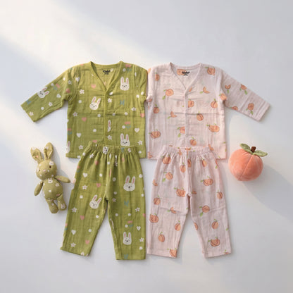 Vastra Organic Coloured Full Sleeve Muslin 2 sets Pyjamas (Peach and green Bunny print)