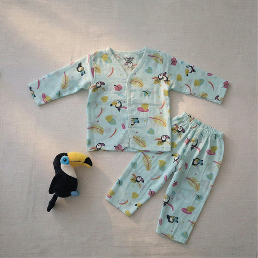 Vastra Organic Coloured Full Sleeve Muslin 2 sets Pyjamas (Blue Bird and Purple Bunny print)