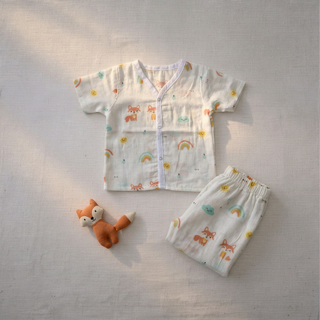 Vastra Organic Coloured Half Sleeve Muslin 2 sets Pyjamas (flower and fox print)