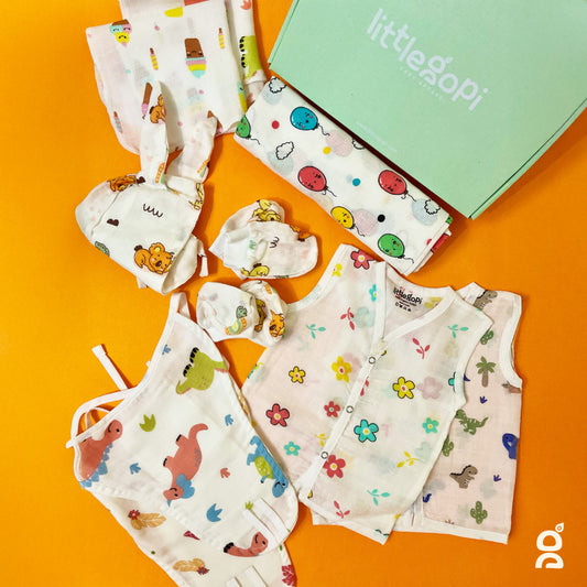 Little Gopi Newborn Baby Gift Set (12 Ps)|GOTS Certified100% Organic Cotton Muslin Essential Clothing Gift Box | Unisex Hospital Essentials Kit for Newborns | Baby Shower Gift Pack | 0-3 M