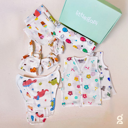 Little Gopi Newborn Baby Gift Set (8 Ps)|GOTS Certified100% Organic Cotton Muslin Essential Clothing Gift Box | Unisex Hospital Essentials Kit for Newborns | Baby Shower Gift Pack | 0-3 M