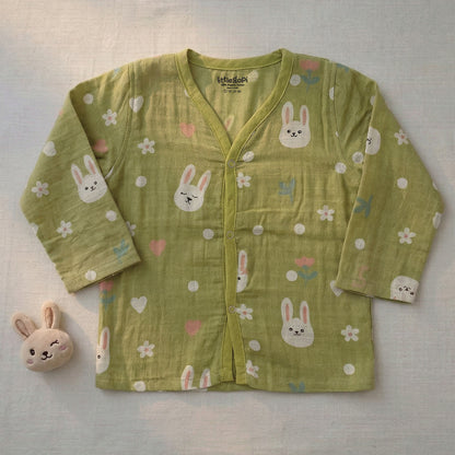 Vastra Organic Coloured Full Sleeve Muslin 2 sets Pyjamas (Peach and green Bunny print)