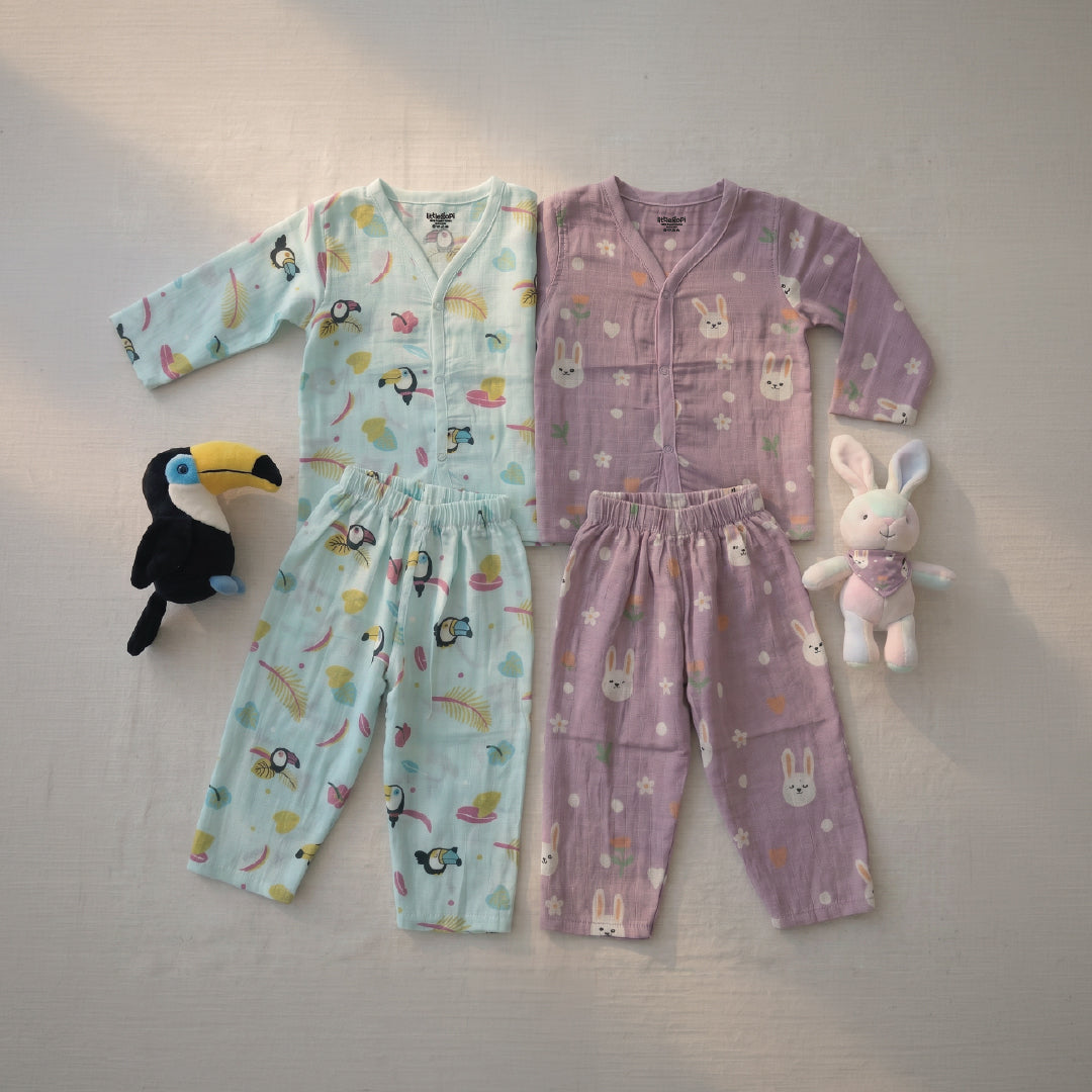 Vastra Organic Coloured Full Sleeve Muslin 2 sets Pyjamas (Blue Bird and Purple Bunny print)