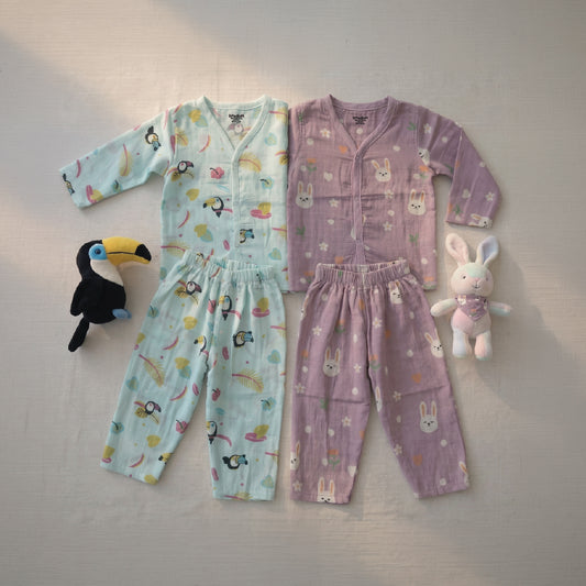Vastra Organic Coloured Full Sleeve Muslin 2 sets Pyjamas (Blue Bird and Purple Bunny print)